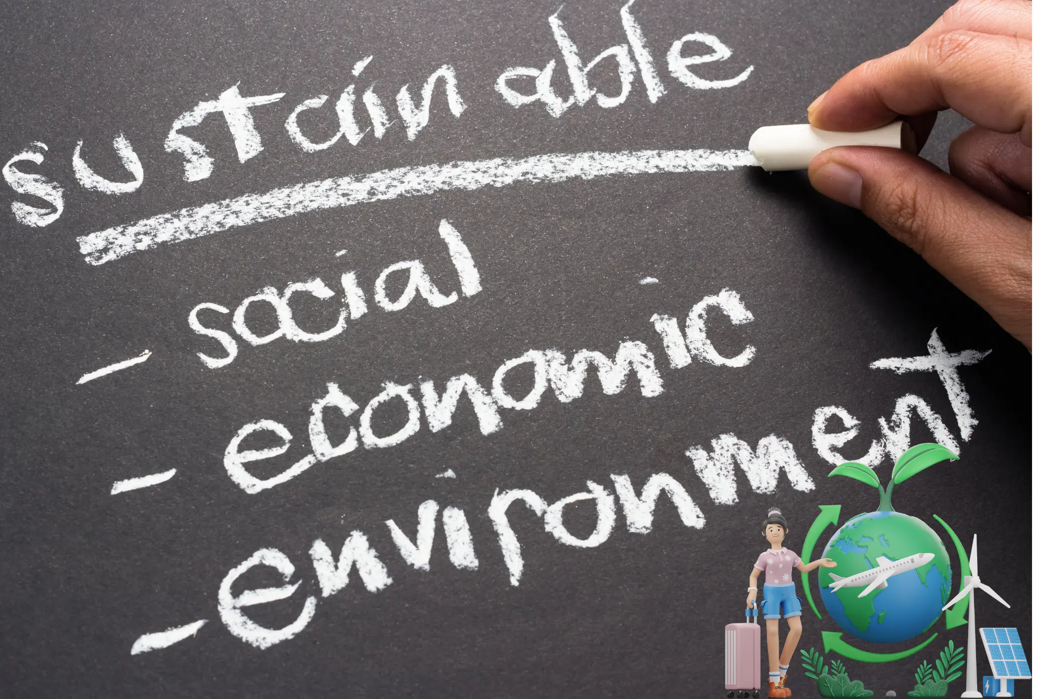 A person writing sustainable, social, economic and environment on a blackboard