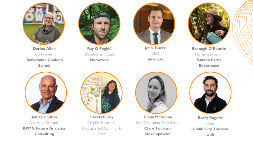 Speakers, contributors and panellists for the 2025 Inspiring Sustainable Tourism Conference, Darina Allen, Ray O Foghlu, Barry Rogers, Bronagh O'Rourke, Fiona McKenna, James Chilton, John Burke and Hazel Hurley.