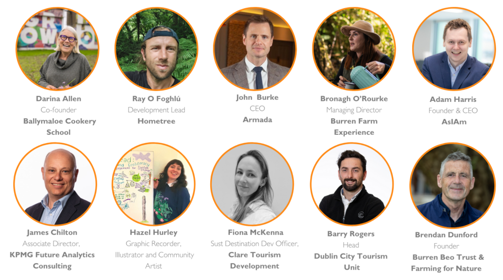 Speakers, contributors and panellists for the 2025 Inspiring Sustainable Tourism Conference, Darina Allen, Ray O Foghlu, Barry Rogers, Bronagh O'Rourke, Fiona McKenna, James Chilton, John Burke, Brendan Dunford and Hazel Hurley and Adam Harris 