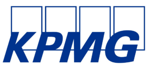 KPMG in blue block letters with blue rectangles behind