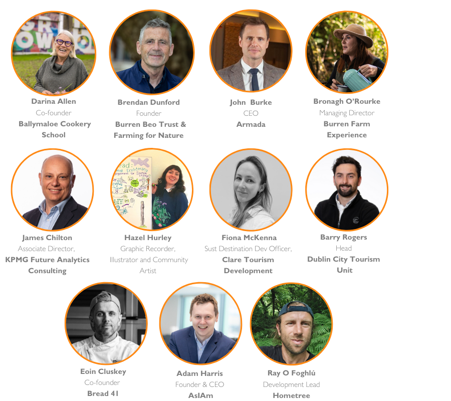 Speakers, contributors and panellists for the 2025 Inspiring Sustainable Tourism Conference, Darina Allen, Ray O Foghlu, Barry Rogers, Bronagh O'Rourke, Fiona McKenna, James Chilton, John Burke, Brendan Dunford and Hazel Hurley, Adam Harris and Eoin Cluskey. 